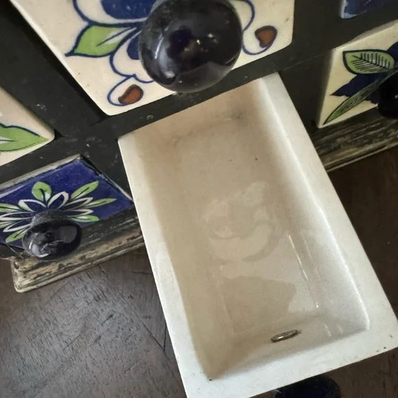 Wooden Tea Trinket Seasoning Cabinet 9 Hand Painted Ceramic Drawers Apothecary - Picture 5 of 9